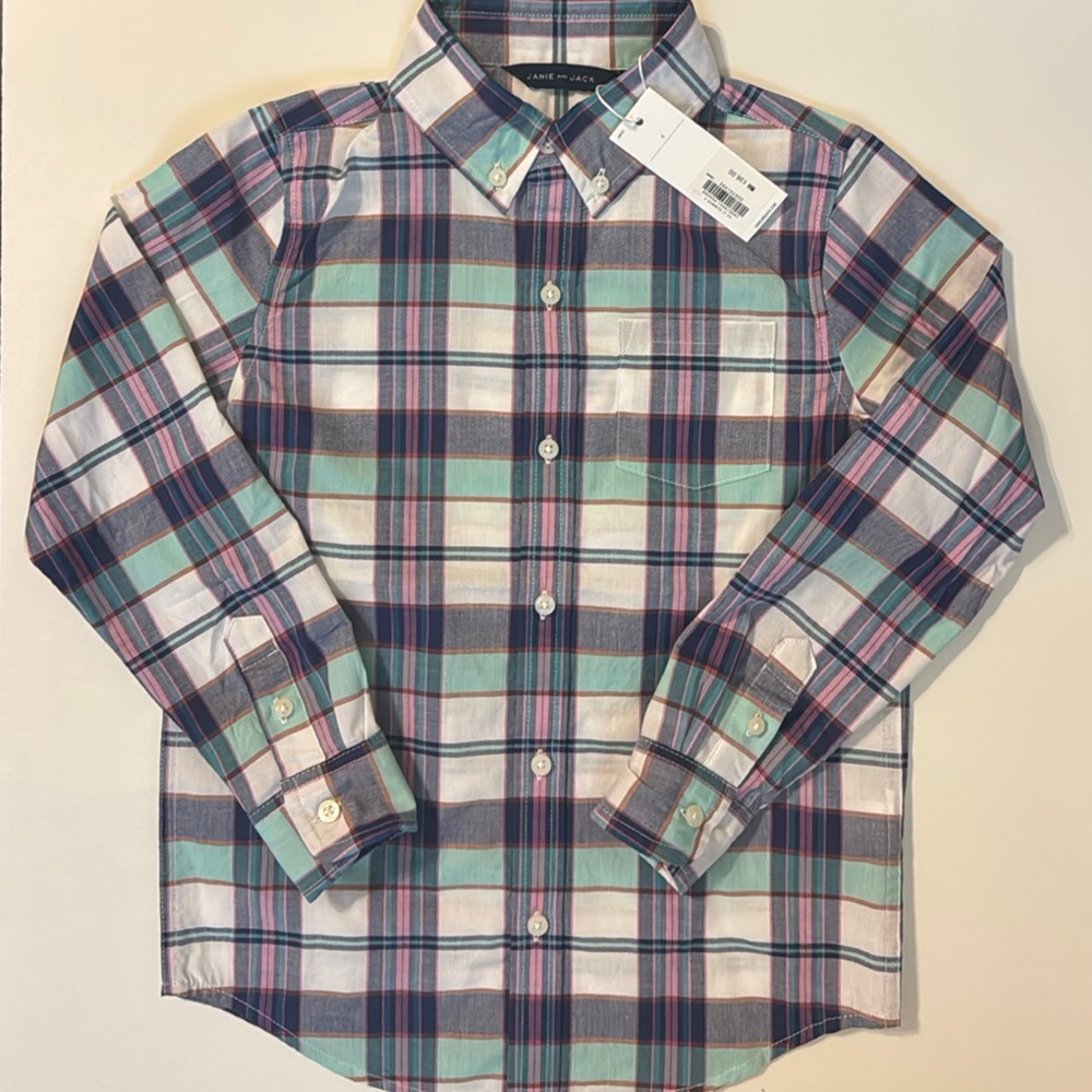 NWT Boys Janie and Jack Cotton Long Sleeve Plaid Button-Down Shirt sz 6